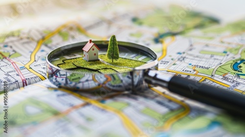 A magnifying glass is put on top of a map showing a tiny house. Mortgage and Loan, Real Estate Development