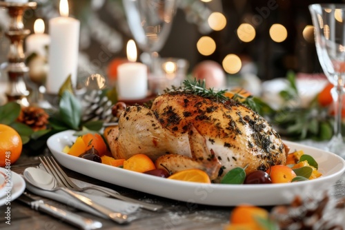 Festive Roast Chicken Garnished With Citrus and Berries on a Holiday Table