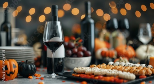 Festive Halloween Gathering With Treats, Wine, and Decorations in Cozy Setting