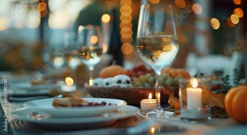 Elegant Autumn Table Setting With Pumpkins and Candlelight for a Festive Gath...
