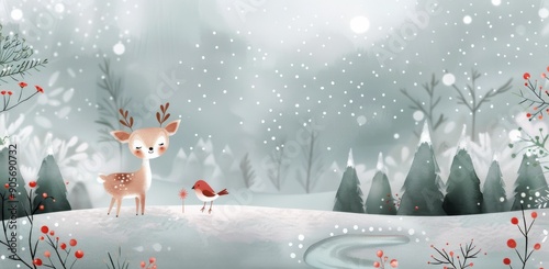 Majestic Deer Standing Amidst Snowy Landscape With Red Berries at Dawn