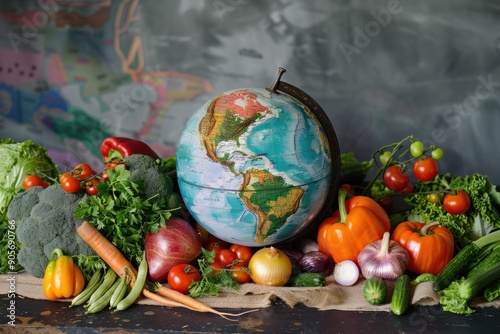 Globe Surrounded by Fresh Produce Representing Global Food photo