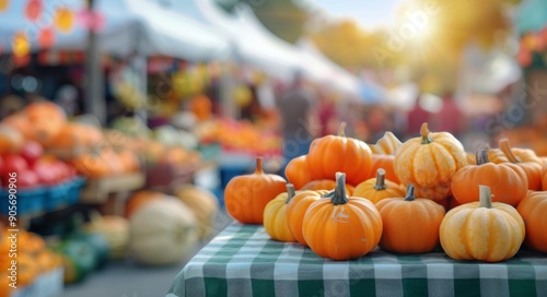 Autumn Pumpkin Market With Stalls and Visitors During Daylight