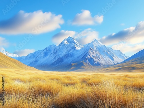 Golden grassland overlooking snow-capped mountains under a clear blue sky at sunrise