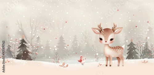 Charming Cartoon Deer in Winter Wonderland With Red Bird and Snowy Landscape