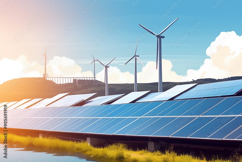 Electricity from solar panels, dams and wind turbines Environmentally friendly renewable energy concept Electricity from solar panels, dams and wind turbines Environmentally friendly renewable energy concept