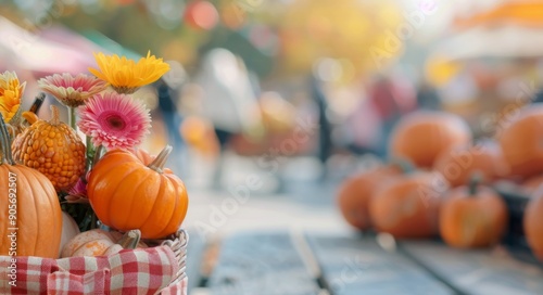 Autumn Harvest Market With Colorful Pumpkins and Seasonal Flowers in October