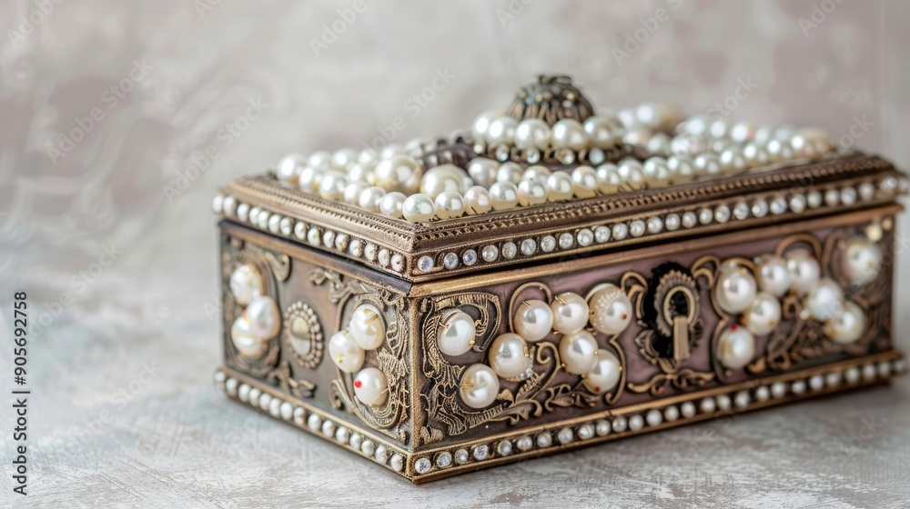 Antique jewelry box with imitation pearls on light backdrop with space for text Antique jewelry box with imitation pearls on light backdrop with space for text