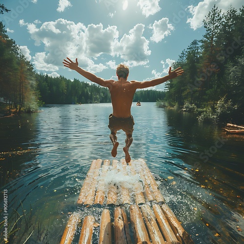 The girl in a swimsuit is jumping from a wooden pier into the water against the blue mountains. On the shore of the ocean, the sea, the lake. Happiness, summer, fun
