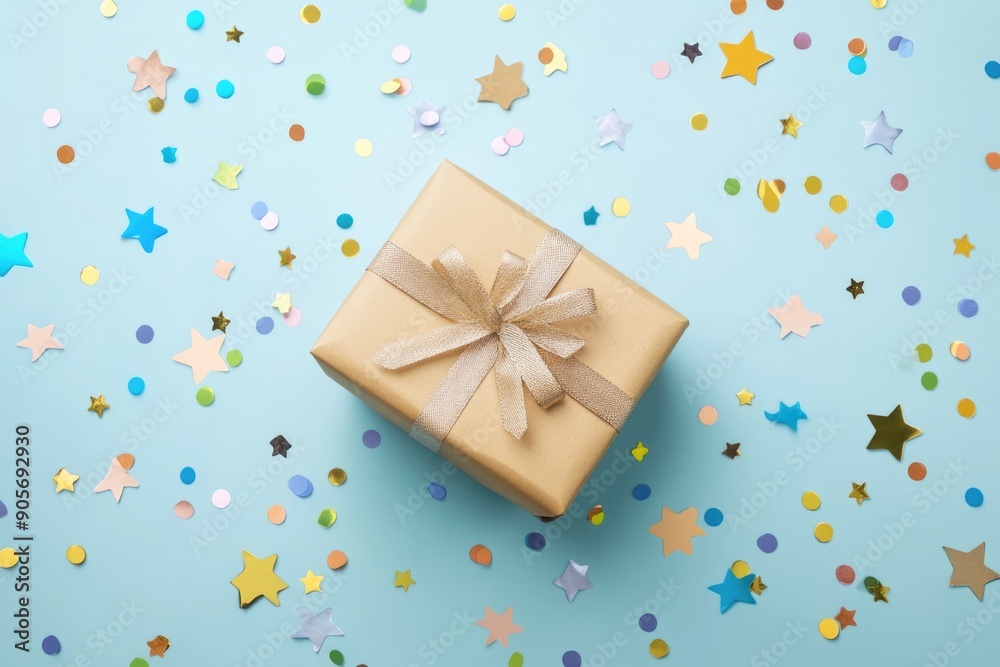 Gift Box with Ribbon on Blue Background with Colorful Confetti for Celebration and Party Gift Box with Ribbon on Blue Background with Colorful Confetti for Celebration and Party