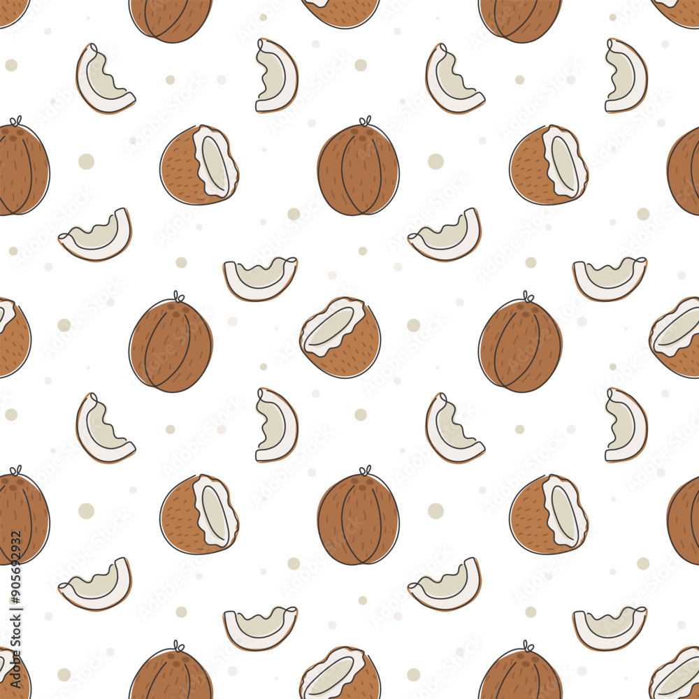 Coconut abstract doodle seamless pattern. Whole and half Tropical exotic fruit. Summer Dessert Food Background. Cover, banner, label, packaging design Coconut abstract doodle seamless pattern. Whole and half Tropical exotic fruit. Summer Dessert Food Background. Cover, banner, label, packaging design