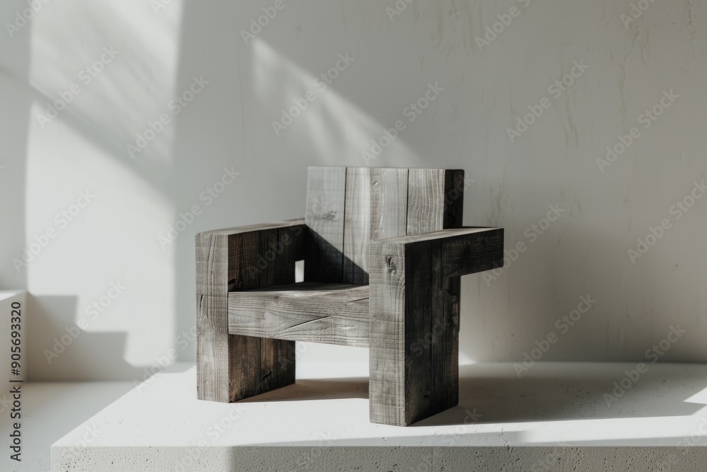 Rustic Wooden Chair In Minimalist Interior with Natural Light and Shadows Rustic Wooden Chair In Minimalist Interior with Natural Light and Shadows