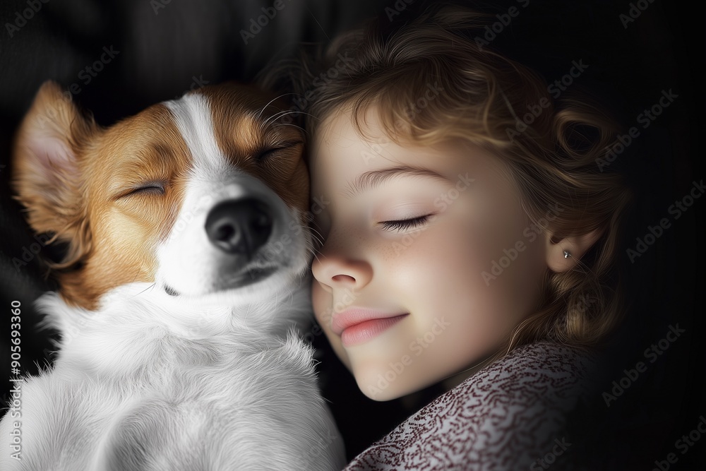 Sweet curly girl and dog sleeping at night Sweet curly girl and dog sleeping at night