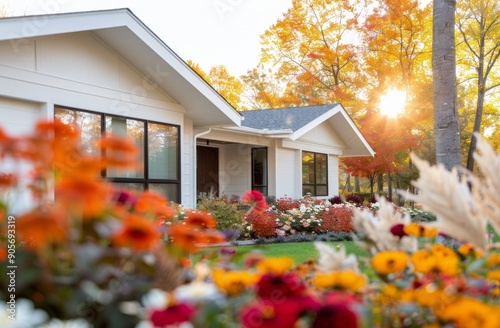 Modern Home Surrounded by Autumn Gardens at Sunset