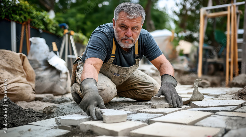 A construction worker laying pavement bricks in an outdoor setting. The worker is wearing gloves and overalls and appears focused on the task. A construction worker laying pavement bricks in an outdoor setting. The worker is wearing gloves and overalls and appears focused on the task.