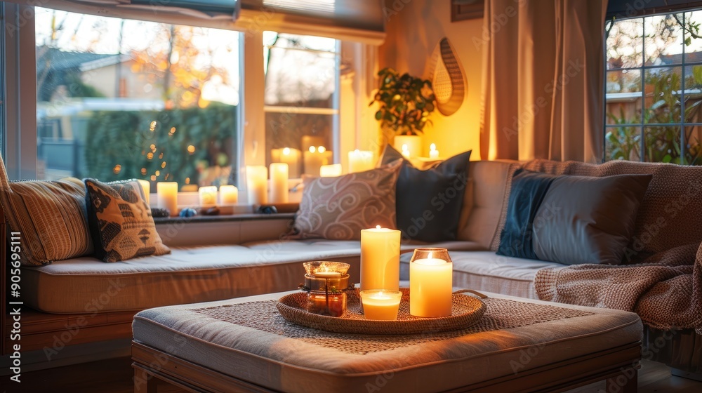 A cozy suburban living room with a loveseat, a coffee table with a tray of candles, and a window seat with cushions. A cozy suburban living room with a loveseat, a coffee table with a tray of candles, and a window seat with cushions.