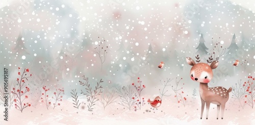 Majestic Deer Standing Amidst Snowy Forest in Early Winter Morning
