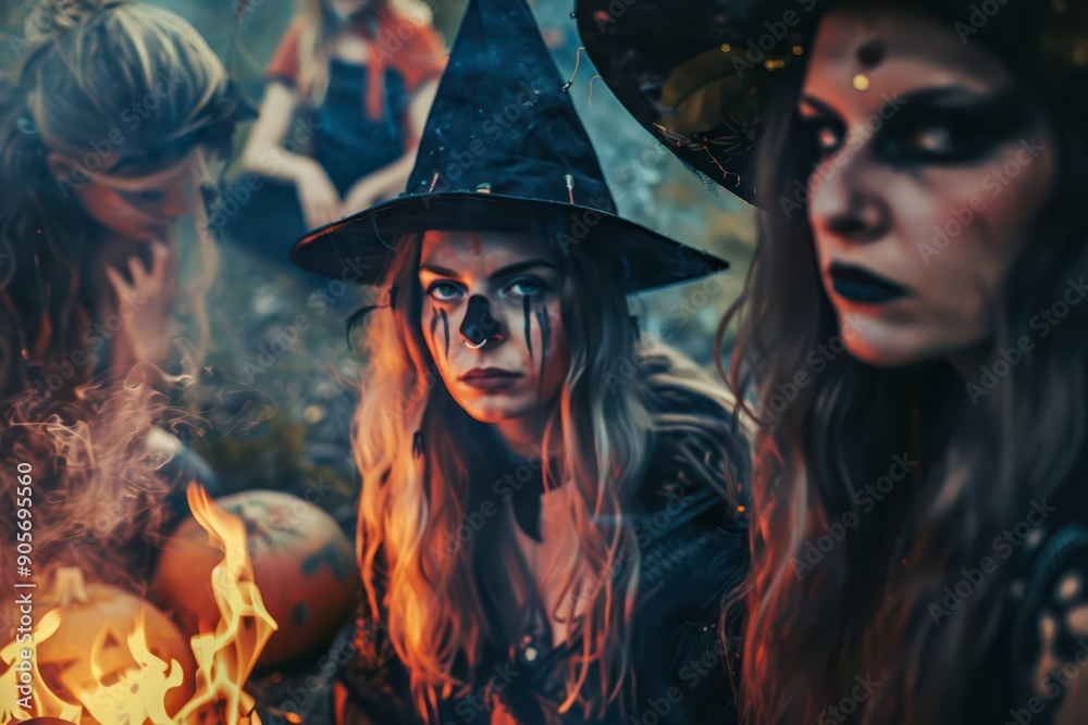 Fototapeta premium Witches Gathering Around Bonfire During Autumn Night Celebration