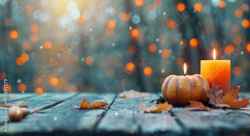 Cozy Autumn Decor With Pumpkin and Candle on Wooden Table Amidst Colorful Leaves