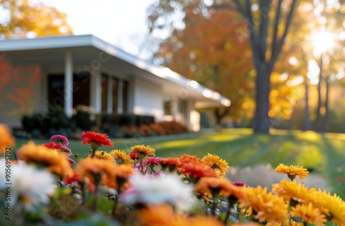 Modern Home Surrounded by Autumn Gardens at Sunset