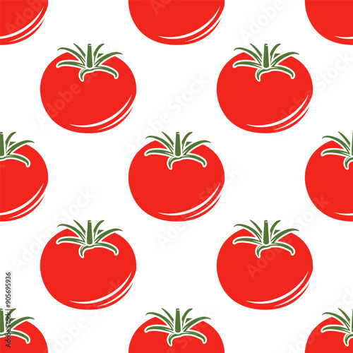 Vector Seamless Pattern with Whole Red Tomato on White Background. Fresh Tomato Print for Textile, Paper
