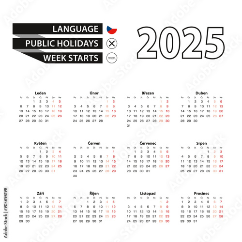 Calendar 2025 in Czech language, week starts on Monday.