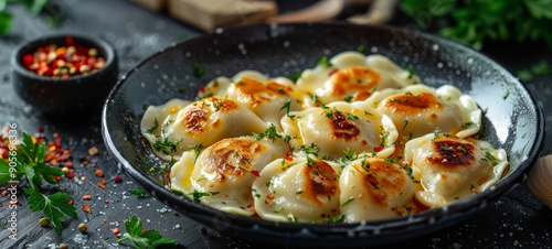 Pierogi Poland. Golden, pan-fried Polish pierogi stuffed with savory fillings, served with fresh herbs. This traditional dish is a favorite comfort food in Polish cuisine.