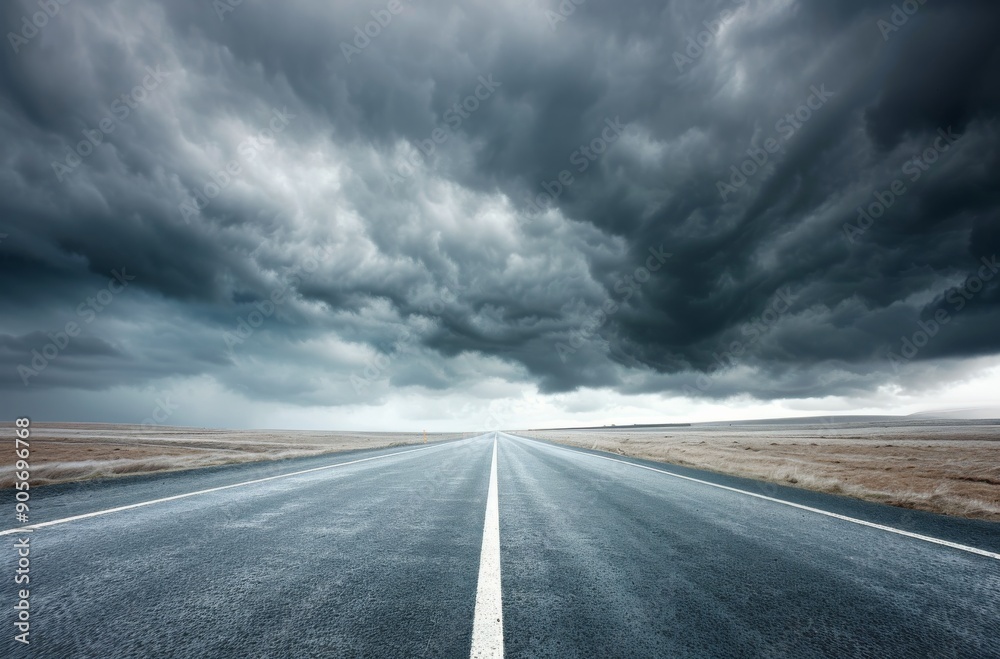 Lonely Highway Under Dark Clouds in an Open Landscape Lonely Highway Under Dark Clouds in an Open Landscape