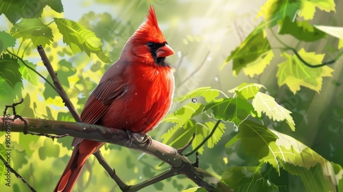 Summer Cardinal Bird Watching on Tree Branch in Red Male Plumage