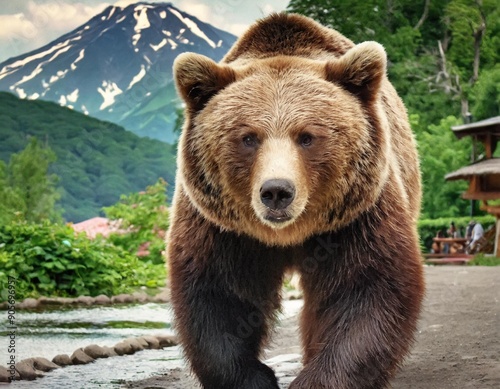 The Kamchatka brown bear or Ursus arctos piscator. Bear is coming towards the camera. Closeup of kamchatka brown bear.