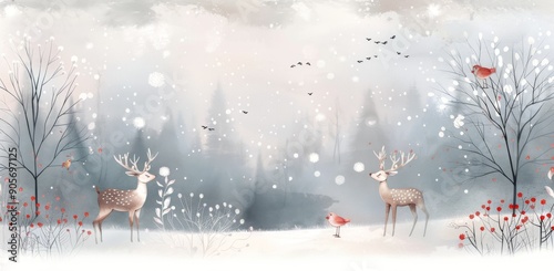 Majestic Deer Standing Amidst Snowy Forest in Early Winter Morning