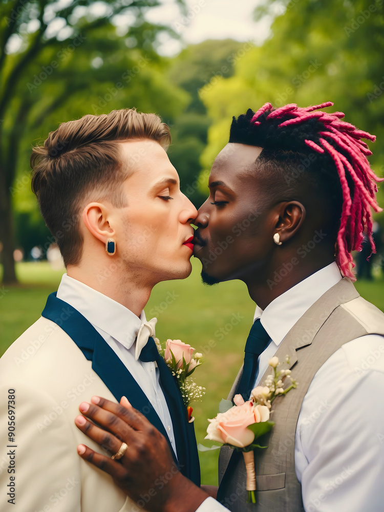 Gay men kissing each other, African American Caucasian love, lgbt concept, gay wedding, romantic background