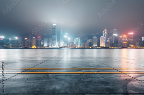 Nighttime Cityscape With Reflections on Wet Pavement in Hong Kong