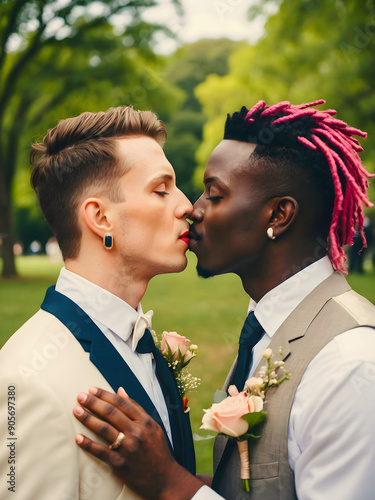 Obraz na płótnie Gay men kissing each other, African American Caucasian love, lgbt concept, gay wedding, romantic background w salonie