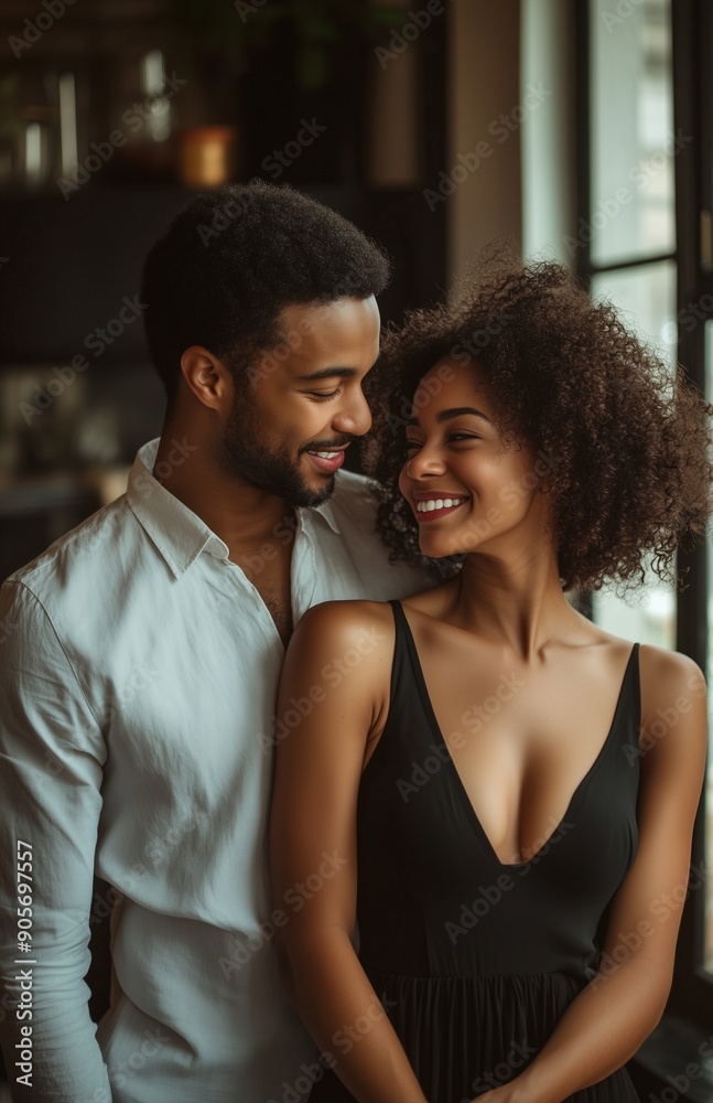 Happy couple hugging, looking at each other and smiling in a modern apartment interior Happy couple hugging, looking at each other and smiling in a modern apartment interior