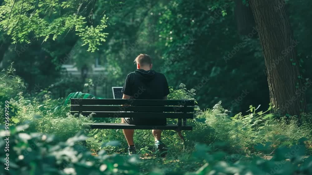 A young caucasian man sits on a park bench using a laptop, surrounded by lush green foliage. It's daytime, and he appears focused on his work. He's casually dressed in black shorts and a t-shirt. A young caucasian man sits on a park bench using a laptop, surrounded by lush green foliage. It's daytime, and he appears focused on his work. He's casually dressed in black shorts and a t-shirt.