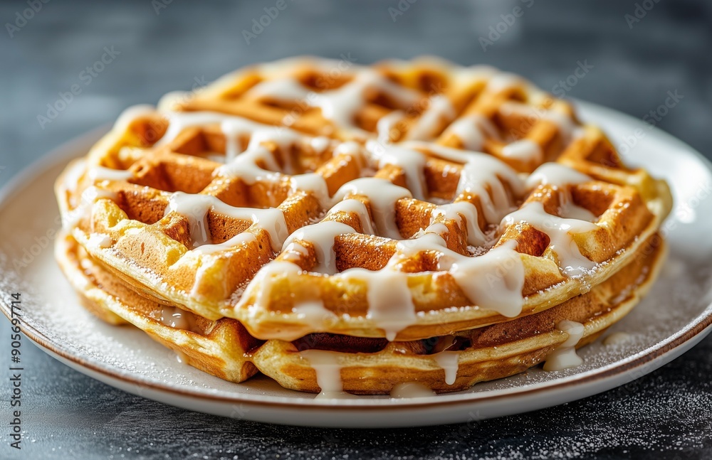 Pumpkin cinnamon waffles topped with glaze, served on a white plate for a delicious breakfast treat Pumpkin cinnamon waffles topped with glaze, served on a white plate for a delicious breakfast treat