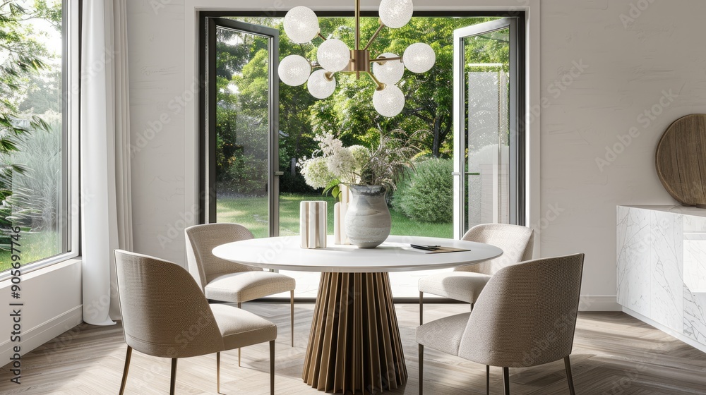 Fototapeta premium A modern suburban dining room with a round table, upholstered chairs, and a statement chandelier.