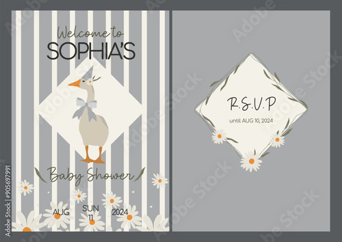 Goose illustration. Baby shower invitation printable design. Child greeting with farming animal. Vector nursery rural design for birthday party.