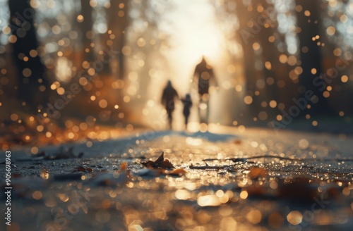 Family Walking Through Autumn Leaves in a Sunlit Park During Golden Hour