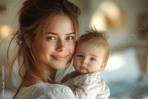 Caucasian mother with newborn baby in hospital.