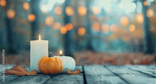 Cozy Autumn Decor With Pumpkin and Candle on Wooden Table Amidst Colorful Leaves
