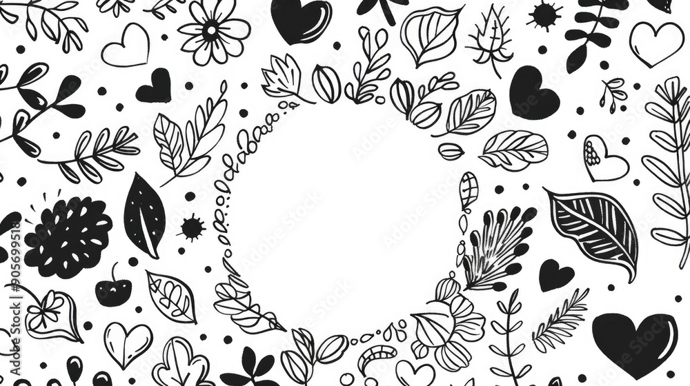 Fototapeta premium Circular doodles of hearts leaves spirals spots and a hole with room for text Hand drawn design