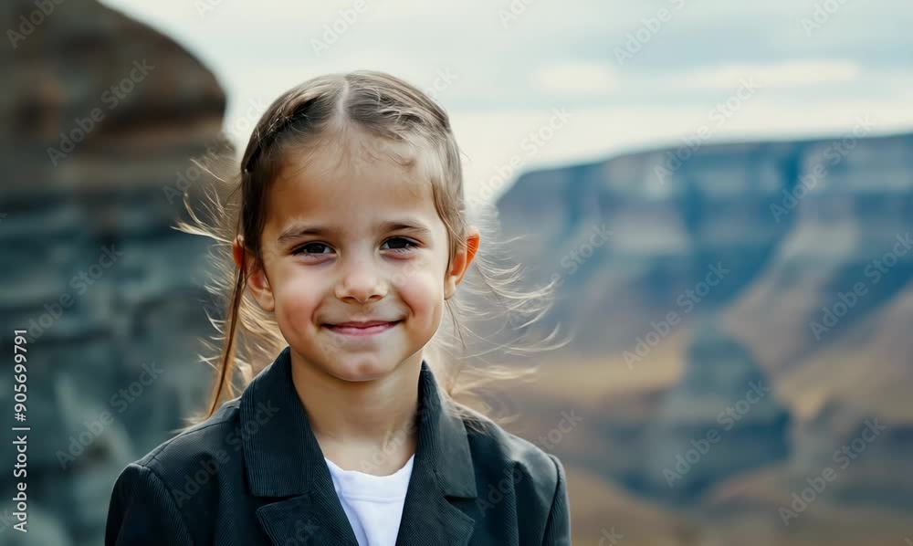 Medium shot portrait video of a satisfied child female that is wearing a classic blazer against a rock formation or cliff background Medium shot portrait video of a satisfied child female that is wearing a classic blazer against a rock formation or cliff background