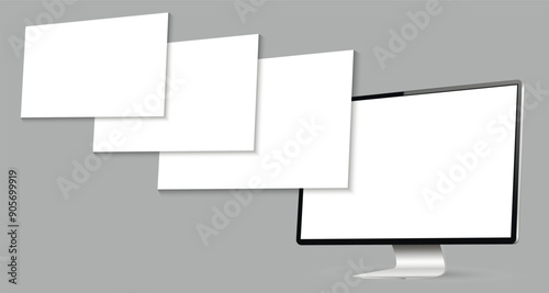 Realistic computer screen mockup with blank wireframing pages. Concept for showcasing web-design projects