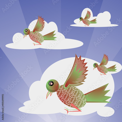 Birds flying on the sky with cloud background, childhood cartoon illustration