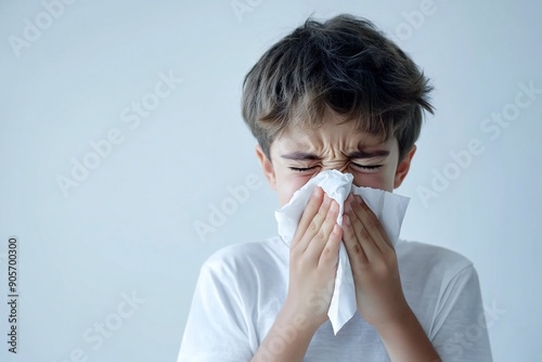 Young boy sneezing into a tissue with a plain white background. Represents common cold or allergy symptoms in a clean and simple setting