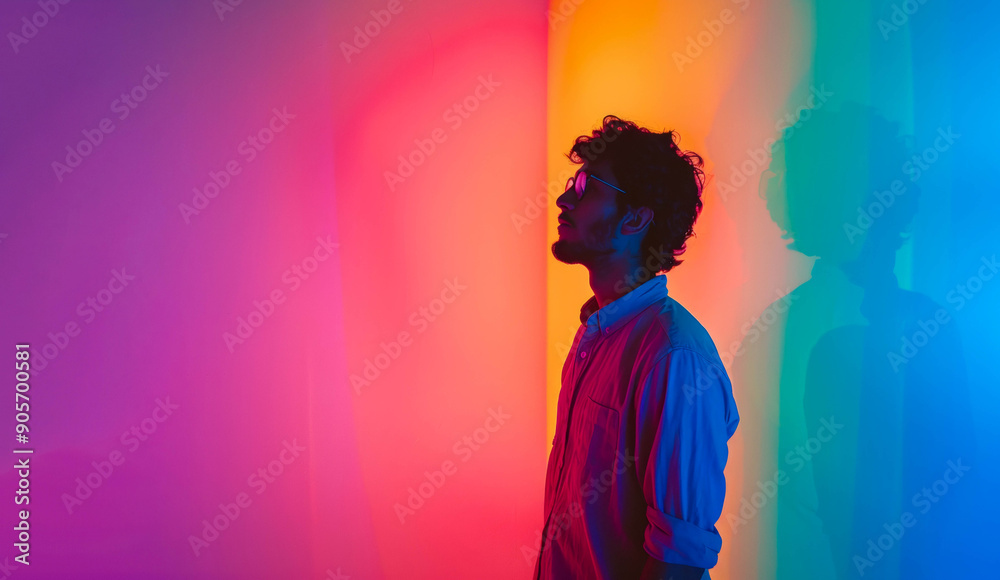 A man in profile stands against a vibrant, multicolored background, casting a shadow. This image conveys creativity, individuality, and the impact of colorful, modern art.