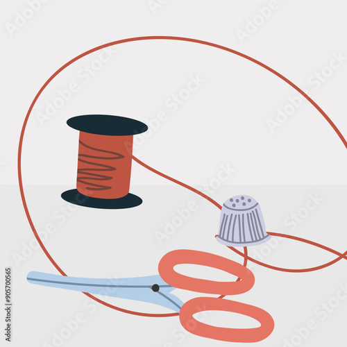 Scissors, thimble and thread. Design for cutting and sewing