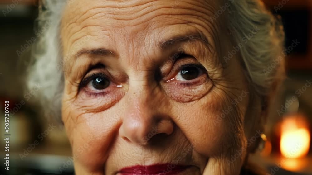 A tight shot of an older womans face her wrinkled features showing a lifetime of empathy and understanding. The background is a simple kitchen adding to the feeling of warmth and A tight shot of an older womans face her wrinkled features showing a lifetime of empathy and understanding. The background is a simple kitchen adding to the feeling of warmth and